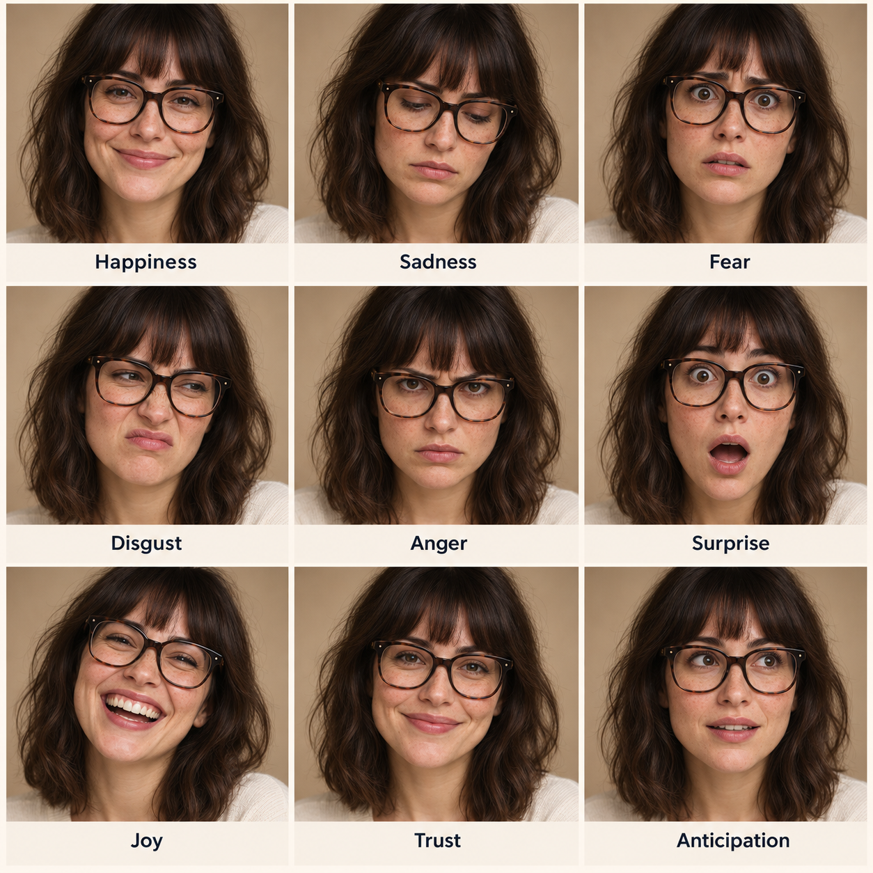 AI-generated nine-portrait illustration of the same brunette woman with bangs, freckles and large glasses, illustrating happiness, sadness, fear, disgust, anger, surprise, joy, trust and anticipation.