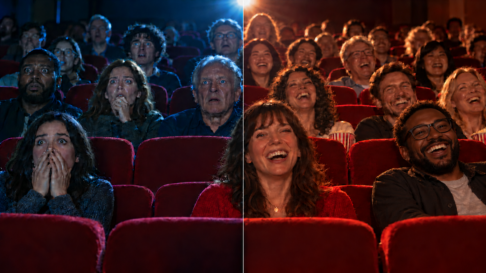AI-generated illustration of one continuous cinema audience: shocked expressions in cool blue light on the left and laughter in warm light on the right, separated by a thin white line.