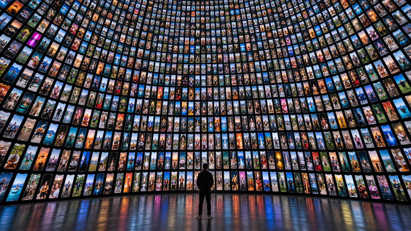 AI-generated illustration viewed from behind a person dwarfed by a massive wall of phones playing different videos; a conceptual illustration, not Gemba's actual weekly dataset.